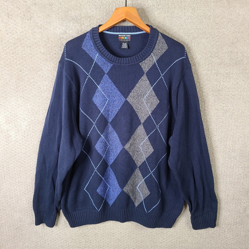 Alexander Julian Colours Sweater Mens 2XL Blue Gray Argyle Crew Neck Heavyweight